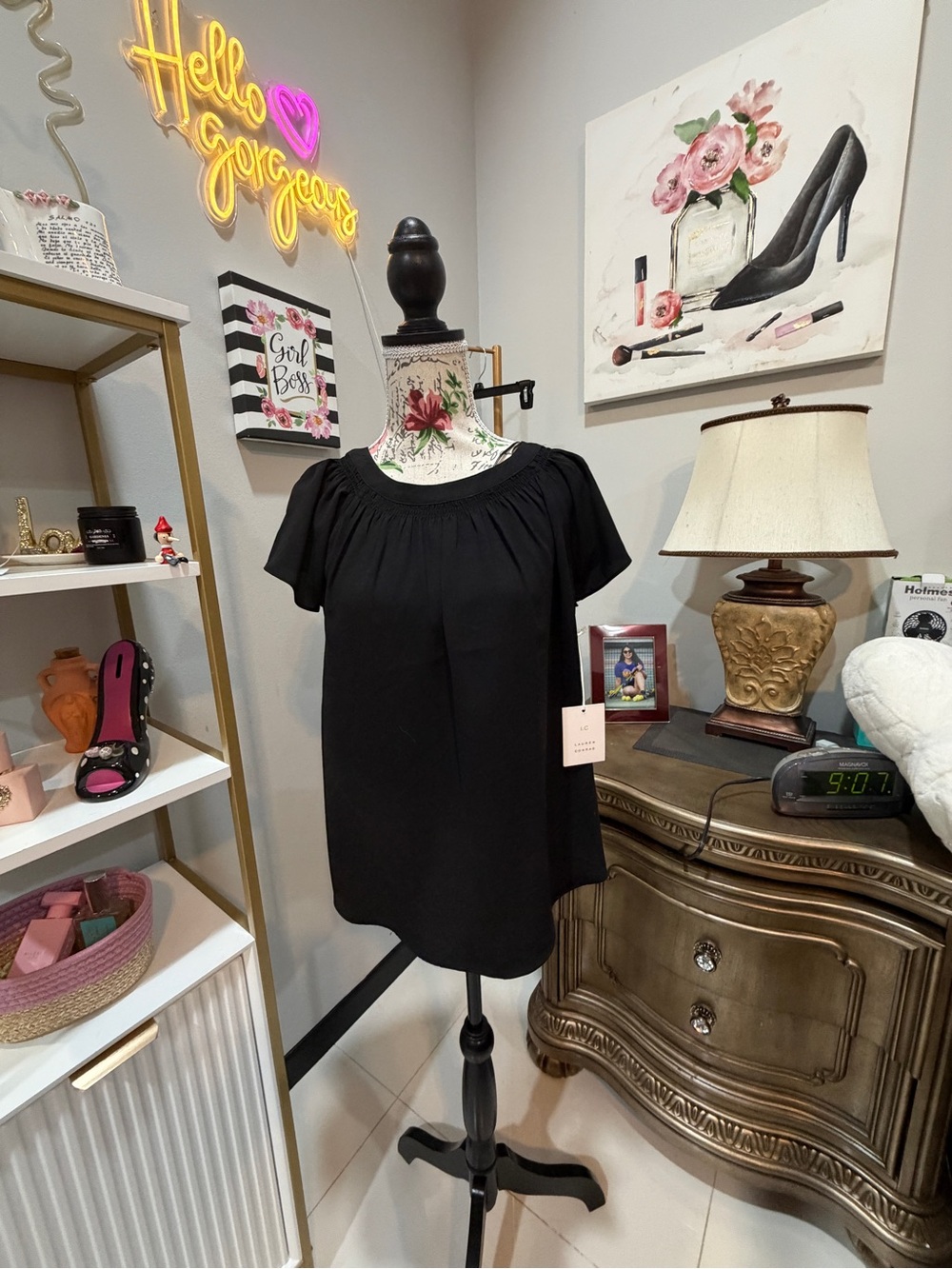 LC Lauren Conrad Black Short-Sleeve Smocked-Neck Blouse - Picture 3 of 14